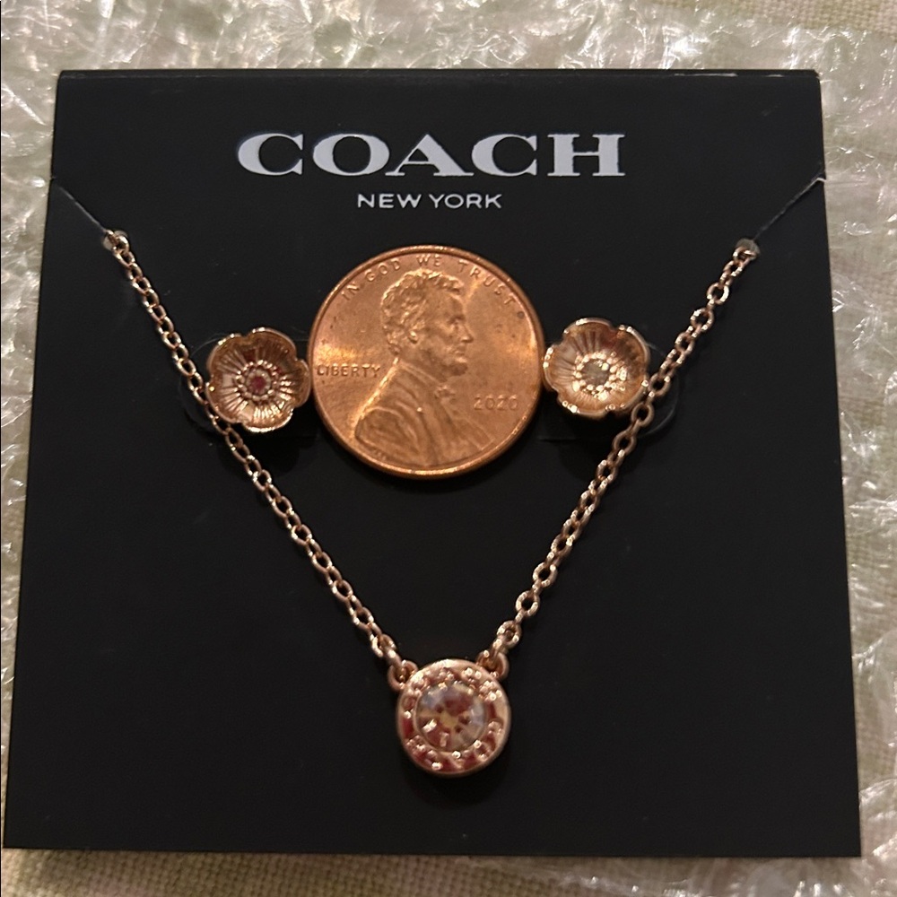 Coach Rose Gold Open Circle Necklace & Tea Rose Stud Earring Set NWT - Picture 8 of 8
